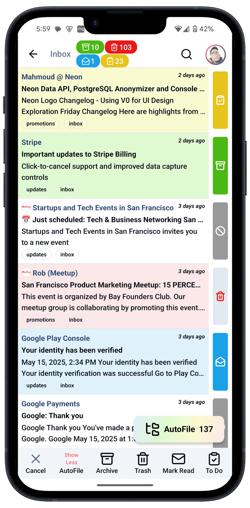 airo app with partially swiped emails